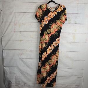 Hilo Hattie Hawaiian Original Floral Tropical Vintage Black Maxi Dress